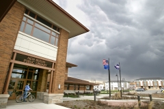 nb 0420 library1 raw ct m7.8 x 4.9Ominous clouds rolled over the new New Berlin Public Library April 14.  The building's Prarie-style influenced architecture has been recognized with an award.